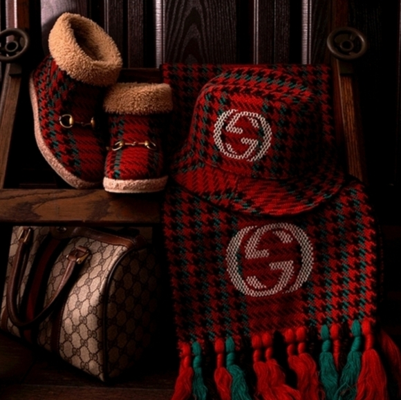 Gucci Accessories - GUCCI TWEED WOOL HOUNDSTOOTH LOGO GG BUCKET FEDORA HAT